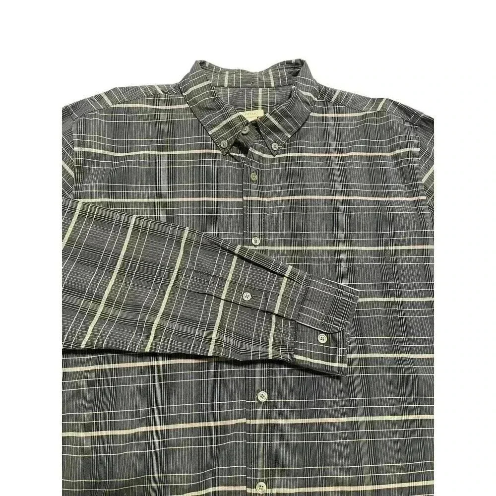 Fossil Button Up Shirt Mens Size XL Vintage Fit Blue/Gray Pocket Plaid Casual